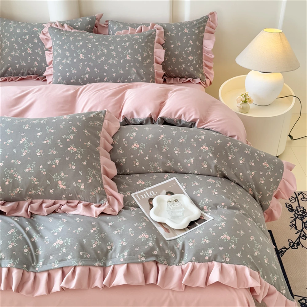 

Korean Style Princess Printed Washed Cotton Bedding Set Pastoral Flowers Lace Ruffles Duvet Cover Set Pillowcase Bedroom Decor