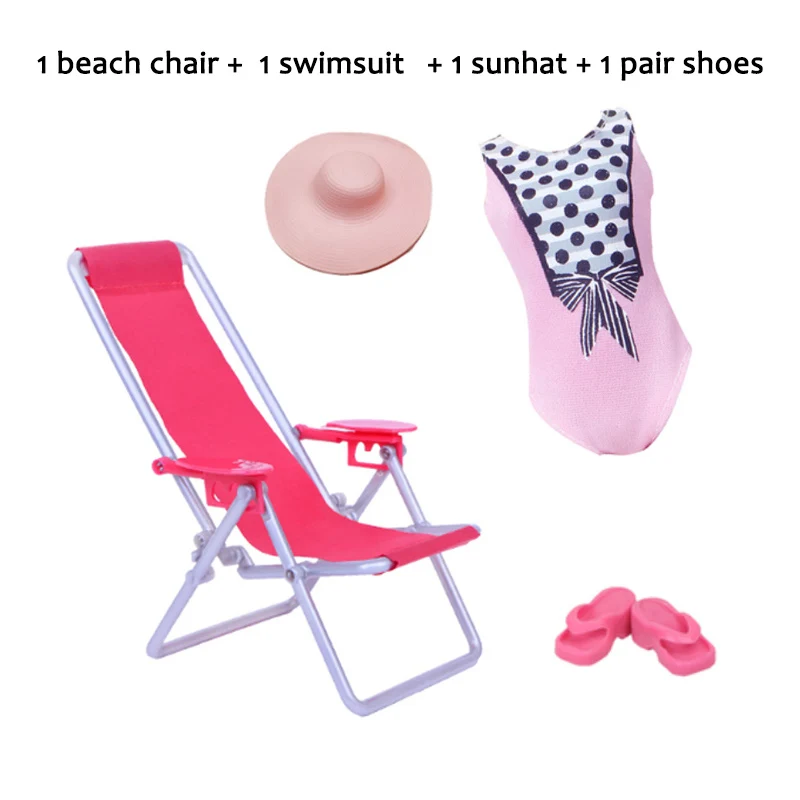 4 pezzi Set vestiti e accessori divertenti costumi da bagno estivi per 30cm/11.5 ''bambole Bikini muta da sub anello da bagno cappello da sole sedia da spiaggia