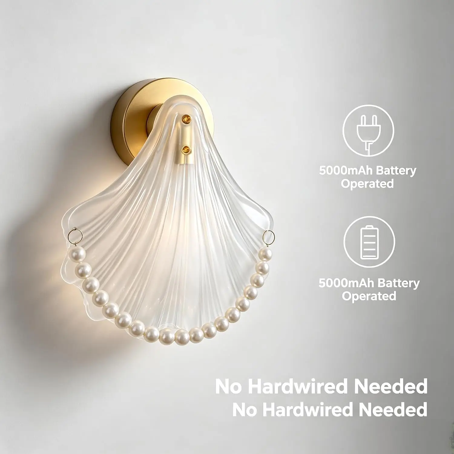 Shell Glass Wall Sconce Lamp with Pearl Chain, Battery Operated Wall Light Auto‑Timer 30/60/120Min, No‑Hardwired Wall Lamp Bedroom Living Room Decor Night Light