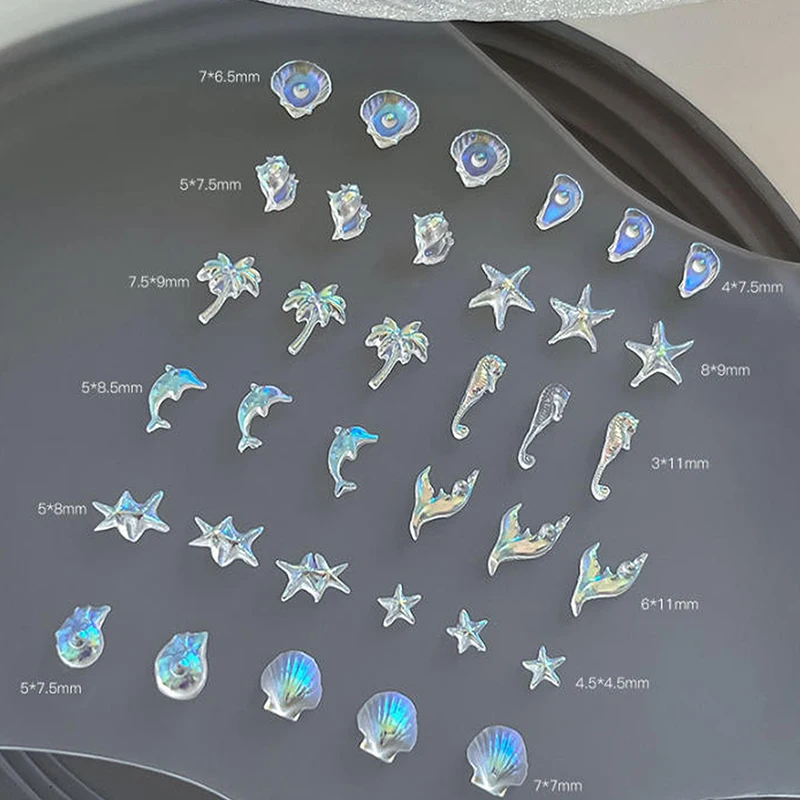 12Grid 60Pcs Ice-clear Seashell Starfish Ocean Series Nail Charms Resin Accessories Nail Art Decorations 3D Mixed Shell Manicure