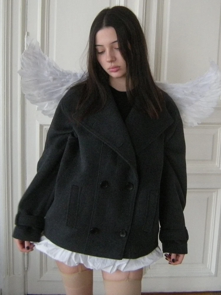 2026 Modischer Grauer Kunstwollmantel für Damen, Minimalistischer Stehkragen, Doppelreihige Lose Jacke, Frühling/Herbst, Einfarbige Damen-Oberbekleidung, Neu – Detail 7