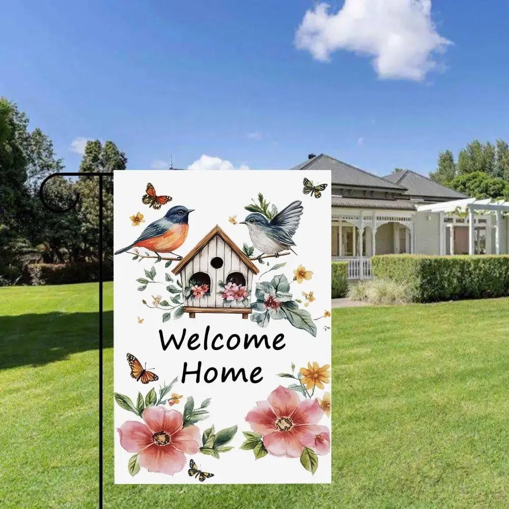 Gkyygk Welcome Garden Flag Home Bird House Flower Butterfly Banners Double Sided 12x18 Inches Farmhouse Holiday Outside Deco uui