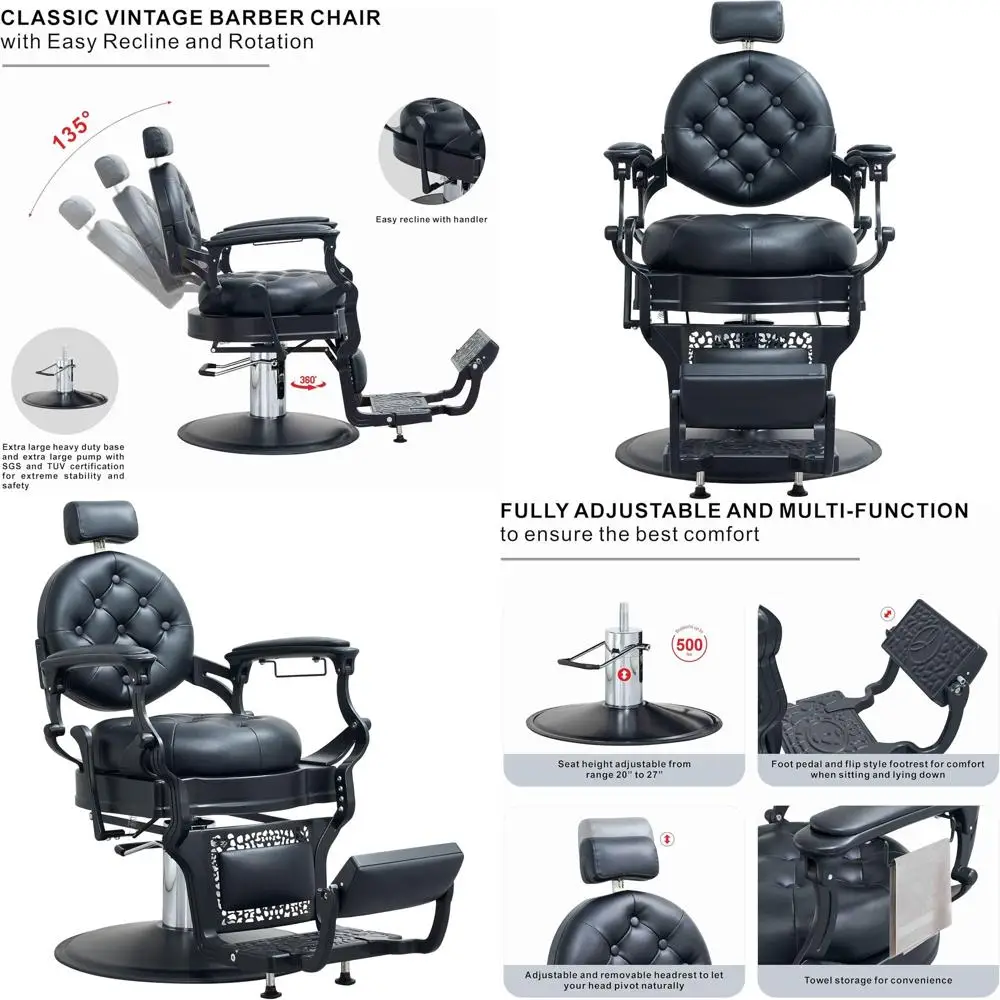 

Прочное винтажное парикмахерское кресло для салонов, с откидной спинкой для стилистов и тату-мастеров (черное)