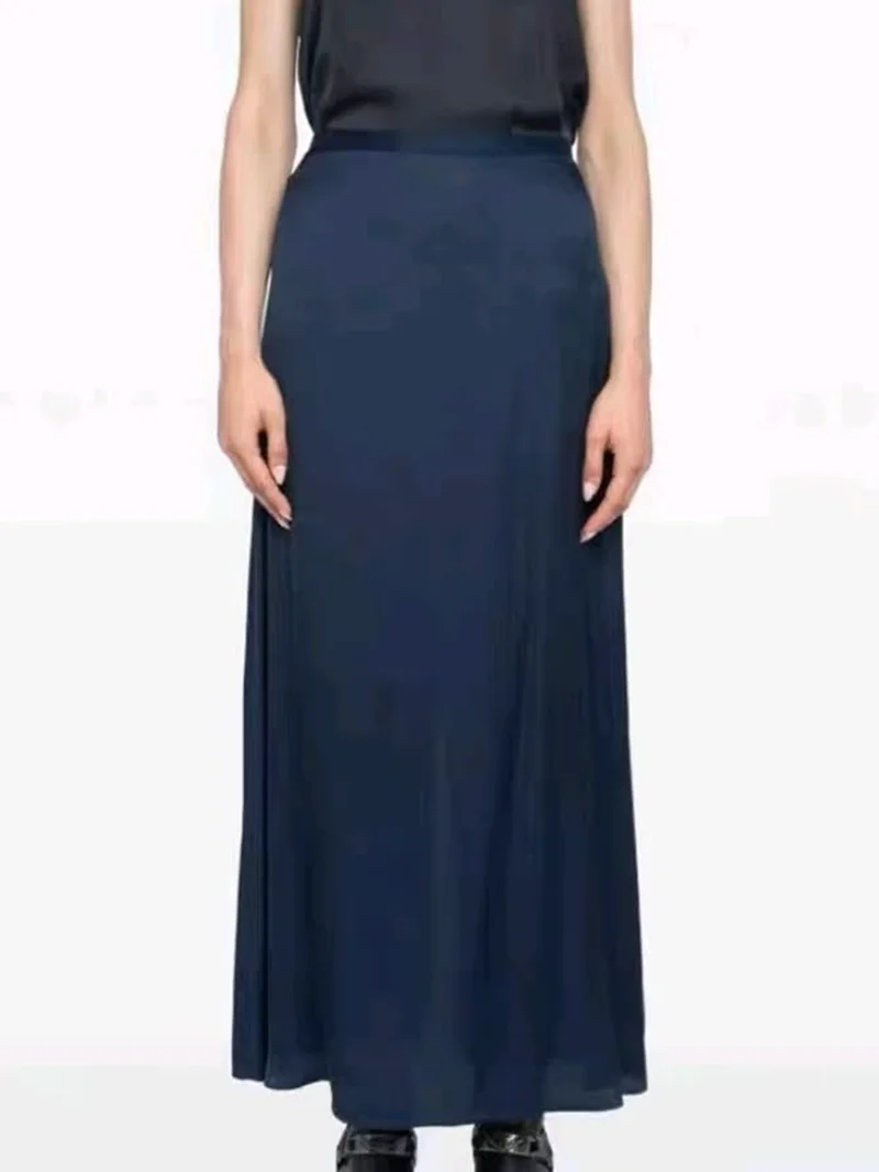 Half skirt for women, comfortable and casual texture silky smooth deep blue  side slit long half skirt summer half skirt