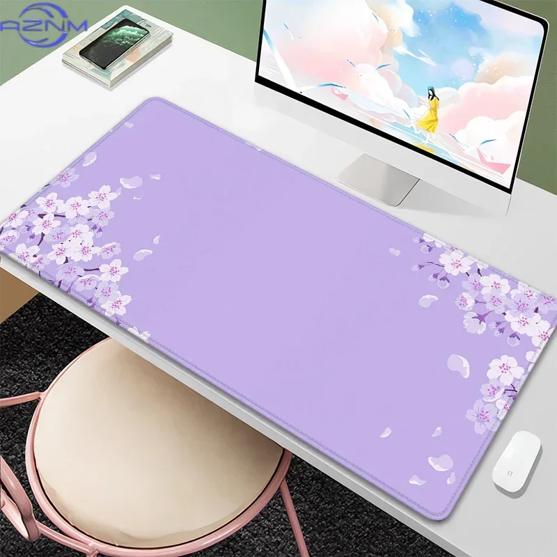 Purple Blossom Deskmat Cute Pastel Purple Lilac Lavender Cherry Sakura Flowers Japanese Desk Mat Cute Kawaii Mousepad 900x400