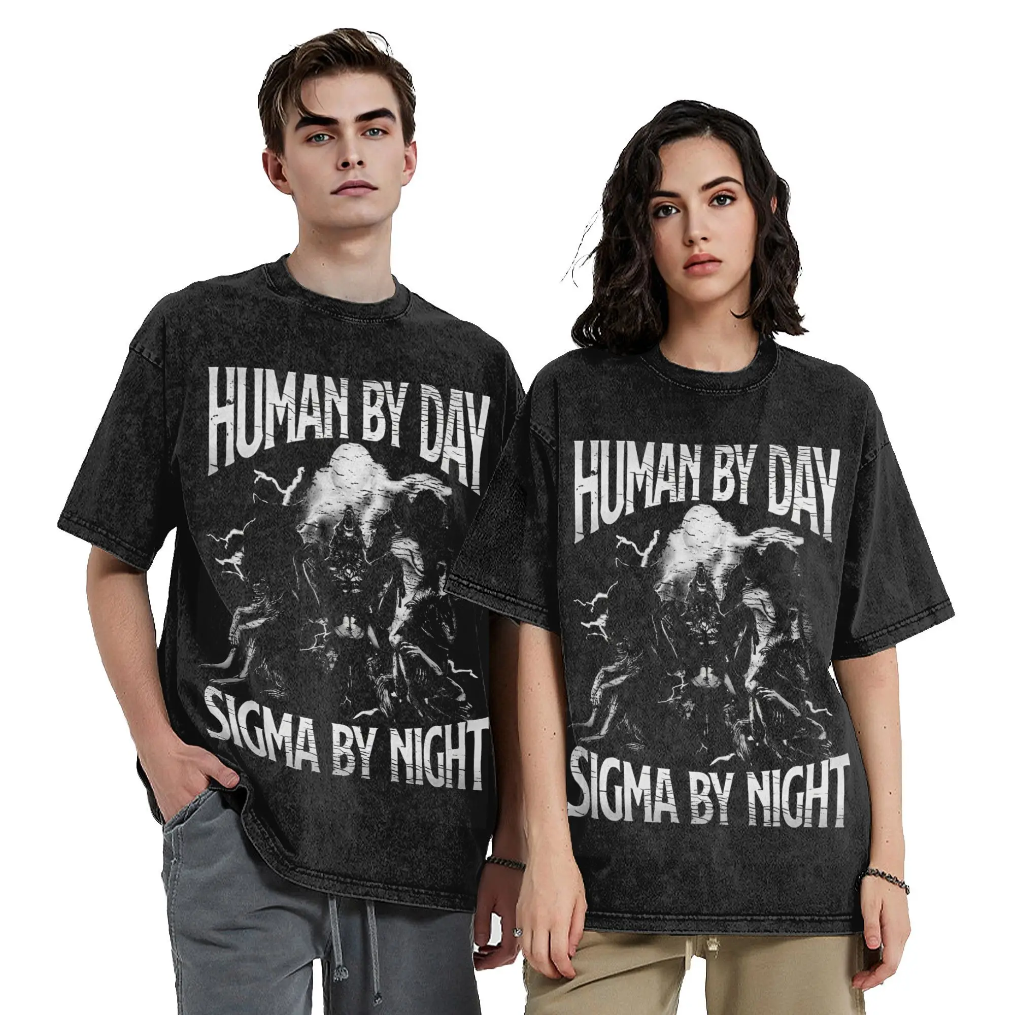 Oversize Human By Day Sigma By Night Bootleg Merch T Shirt for Men Women  Washed Cotton Tee Shirts Clothes