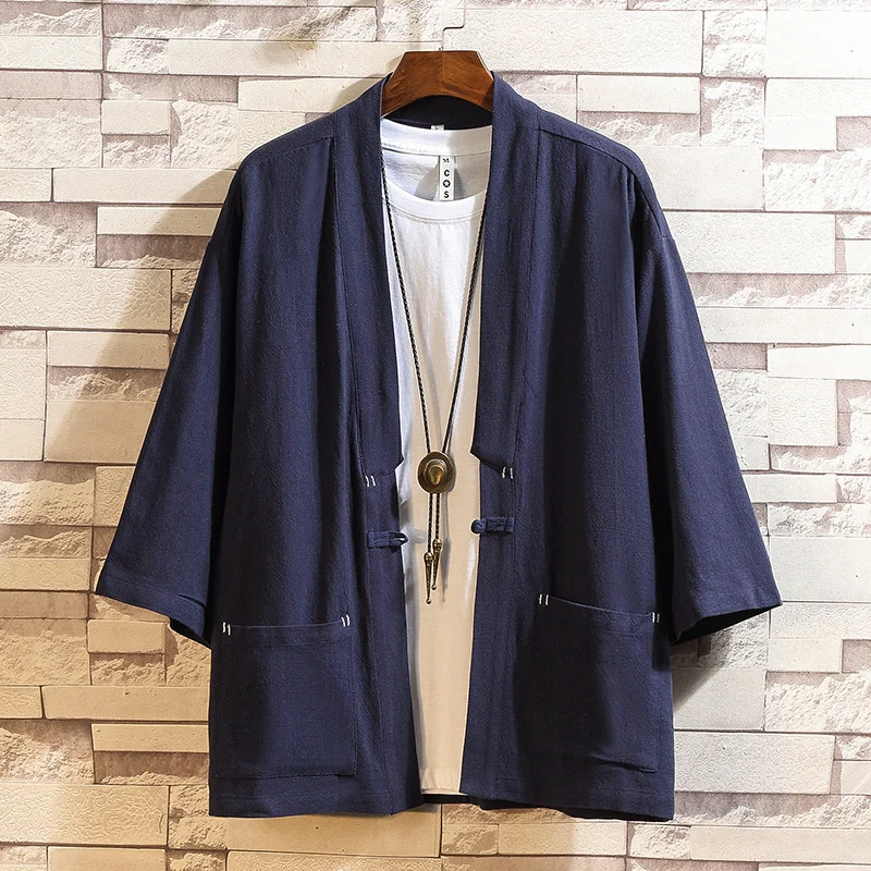 #4259 Spring Summer Black Blue Red Kimono Coat Men Loose Single Button Vintage Cardigan Hip Hop Jacket Men Cotton Linen M-5XL