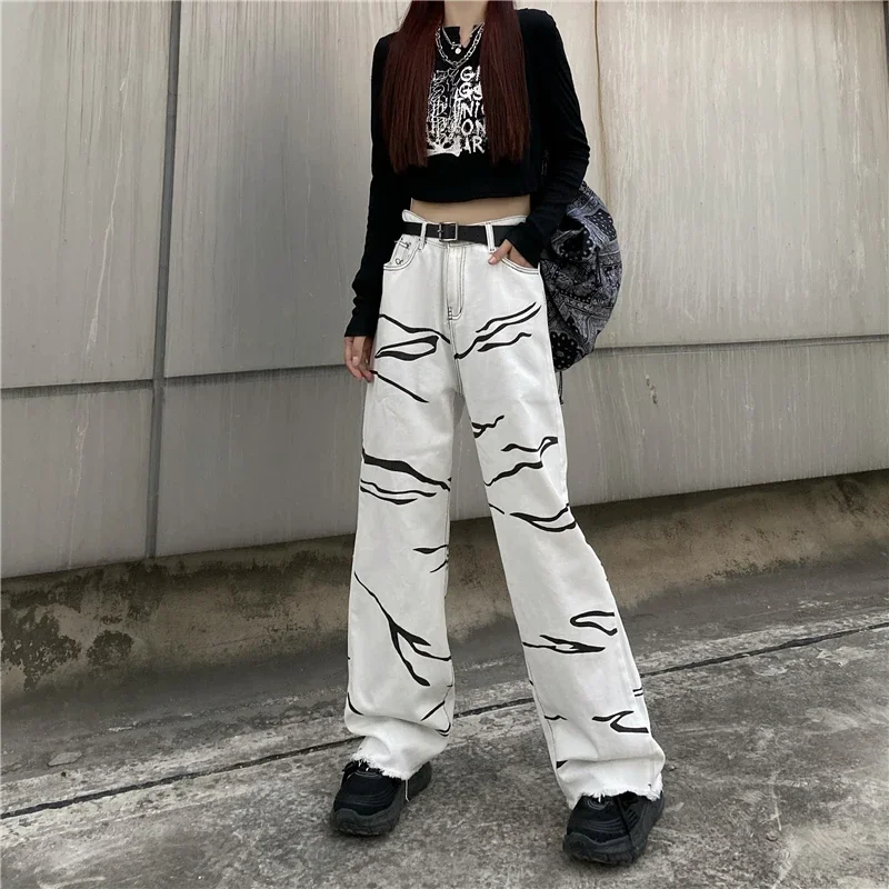 

Streetwear White Women's Low Rise Jeans Y2K Korean Fashion Oversize Print Baggy Wide Leg Jeans 2022 Autumn Trousers Female