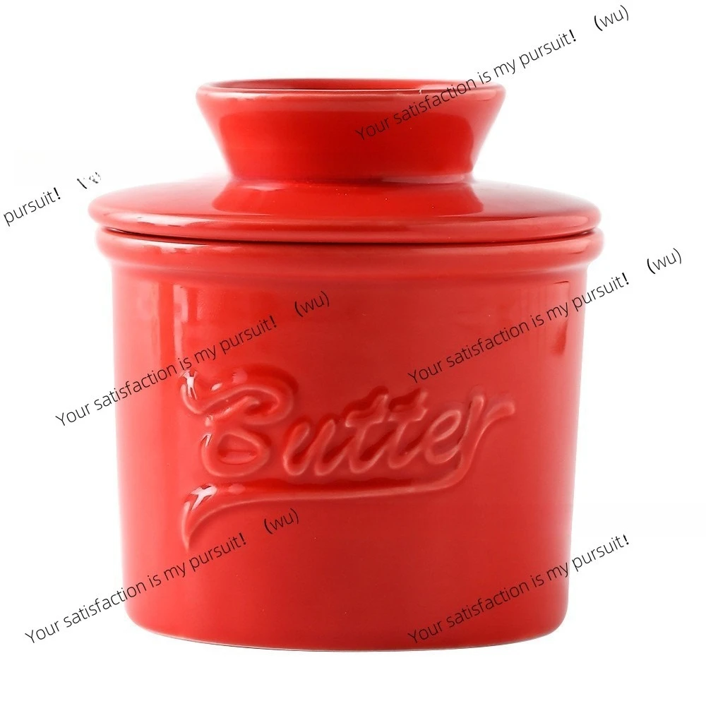 Ceramic butter tank embossed LOGO red butter storage tank cheese butter dish with lid set