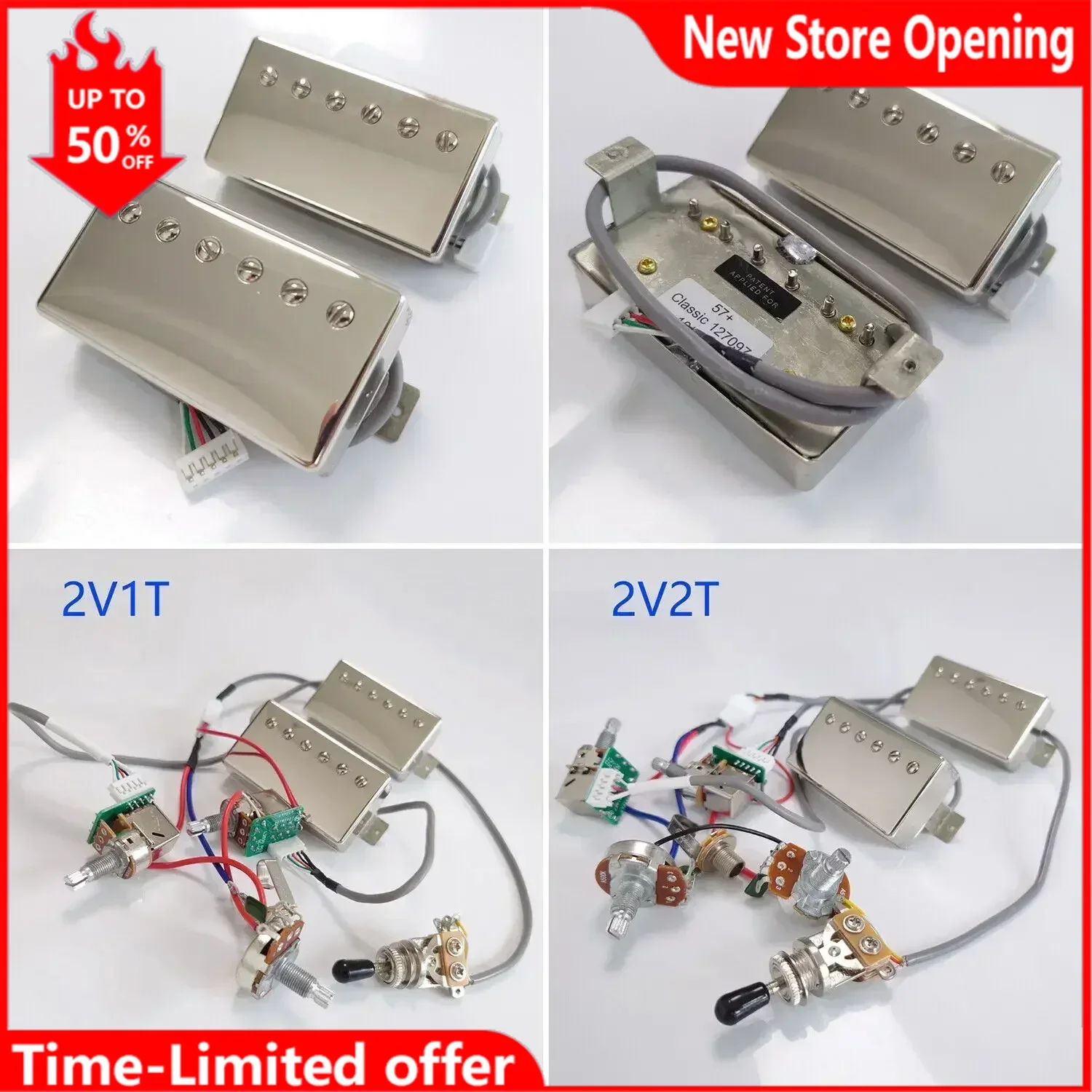 

Alnico V Classic 57 Guitar Humbucker Pickup Bridge&Neck Set Chrome with Wiring Harness (2V1T/2V2T) for LP Guitars Parts