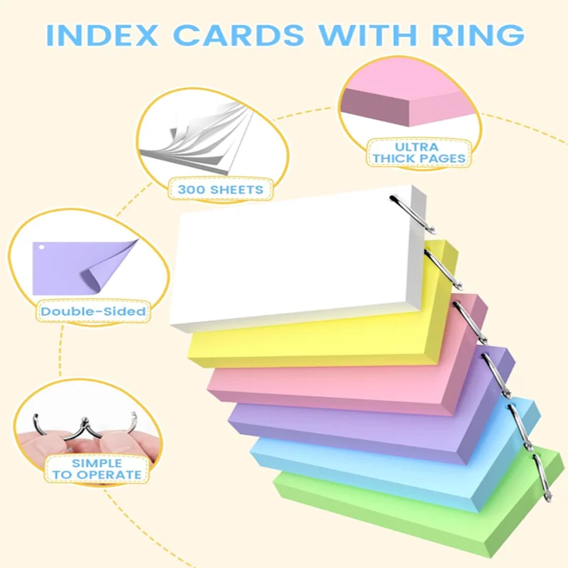 Neonfarbene Indexkarten, leere Innenseiten für Notizen, universelles Handbuch 3x5 Zoll, 300 doppelseitig linierte Lernkarten