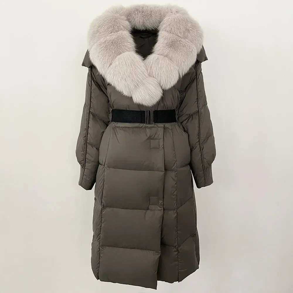 White Goose Down Coat Belt Thick Warm Casual Outerwear 2024 Winter Real Raccoon Fox Fur Collar Long Natural Jacket Women