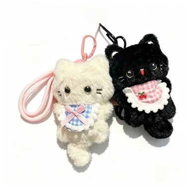 Squeaky Plush Kitten Bib Keychain Charm for Girls' Backpack, Cartoon Doll Pendant, Couples' Gift Hanging Decoration