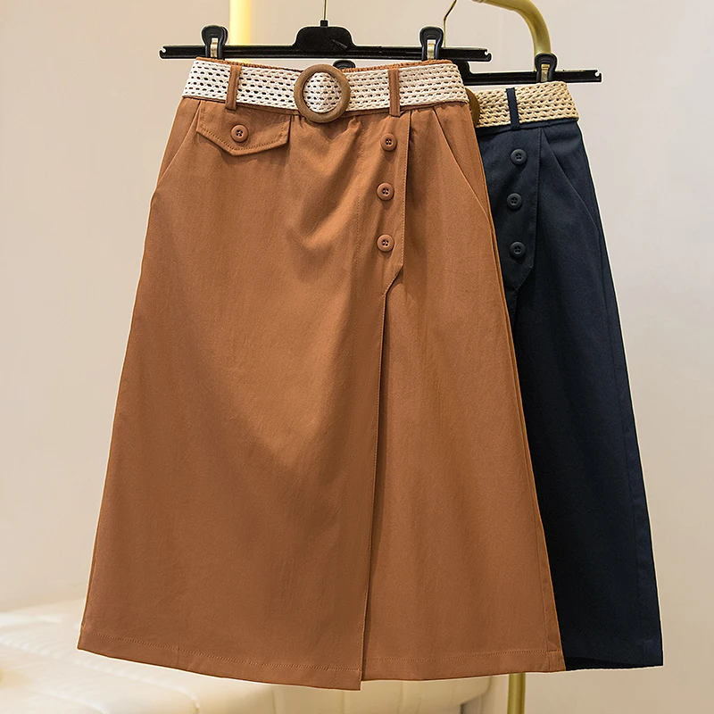 

Casual Chic sashes Spliced loose slim Skirts Korean Fashion Office Lady Midi dress Summer Plus Size women clothing
