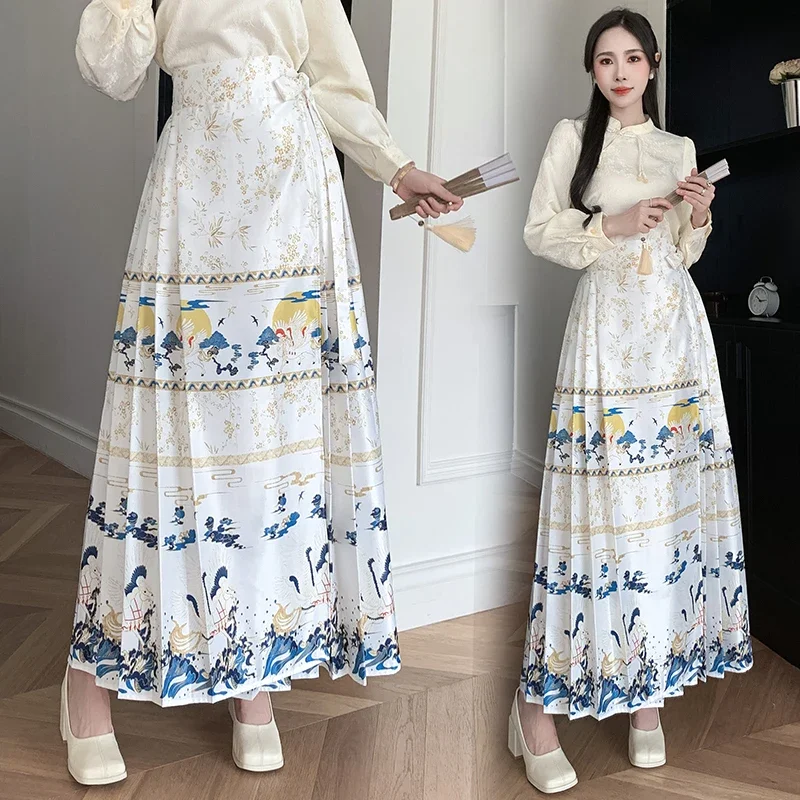 

Chinese Style Retro Crane Printed Ming Dynasty Improved Horse Face Skirt Spring&Autumn High Waist Lace-up One Piece Long Skirt