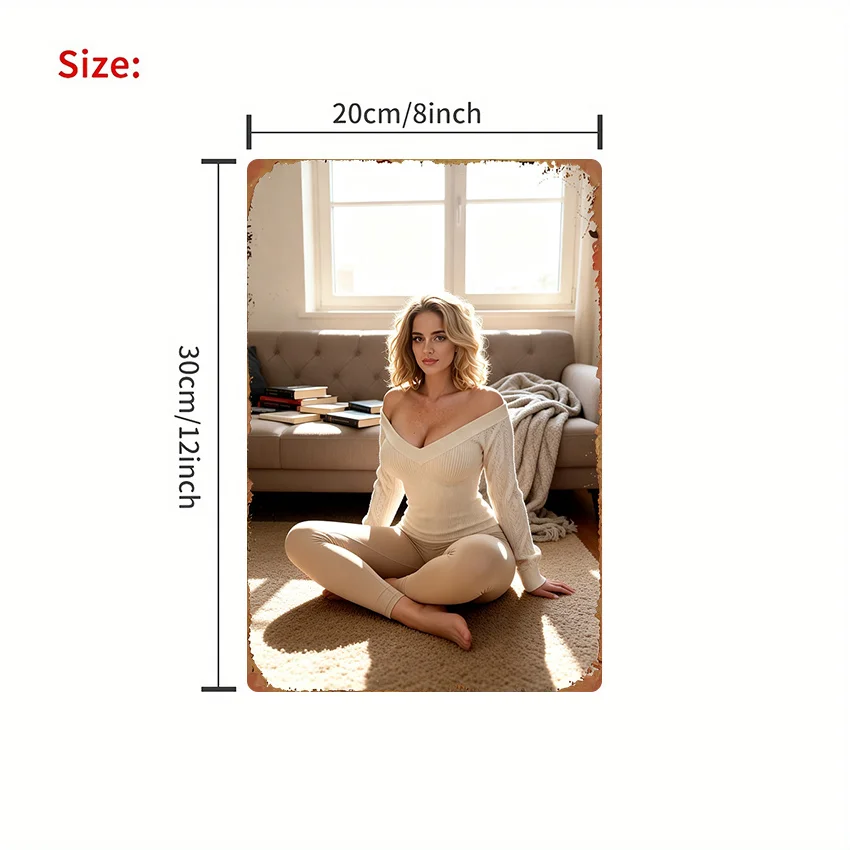 Cozy Living Room Blonde Woman in Off-Shoulder Knit Sweater High Definition Vintage Metal Tin Sign Wall Art Decor