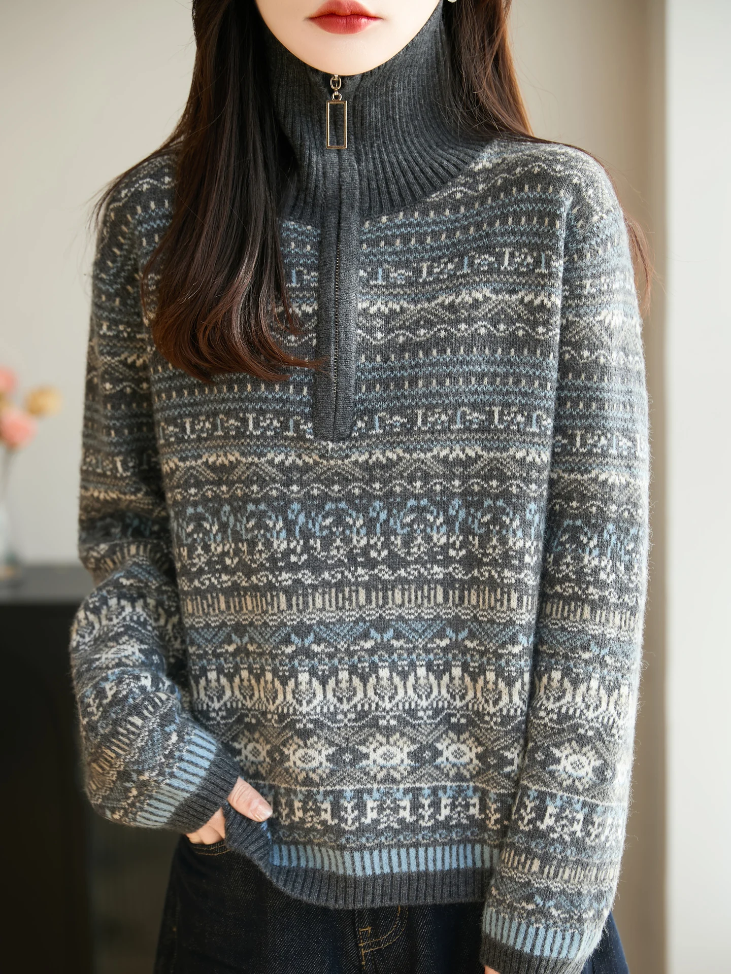 

Elegant Fashion Autumn Winter Woman Sweater 30% Merino Wool Knitwear Turtleneck Pullover Zipper Ladies Long Sleeve Clothing Tops