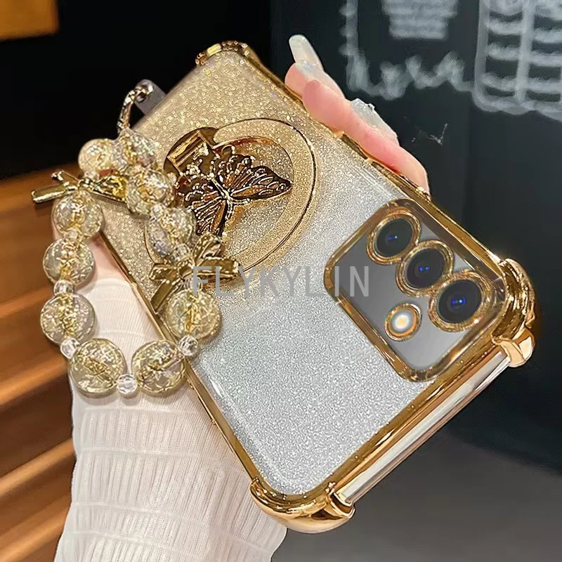 Luxury Lanyard Plating Butterfly Holder Case For Samsung A51 A31 A21S A50 A20 A30 A70 A71 A11 Stand Shockproof Silicone Cover