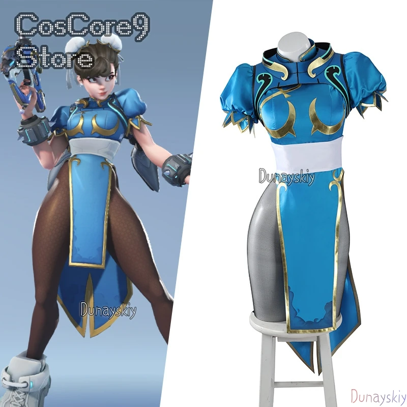 

Игра Chunli Blue SF-OW JUNO Косплей Платье Полный комплект 코스프레 Парик Кунг-фу Ципао Эротическое белье Ролевой костюм для Хэллоуина