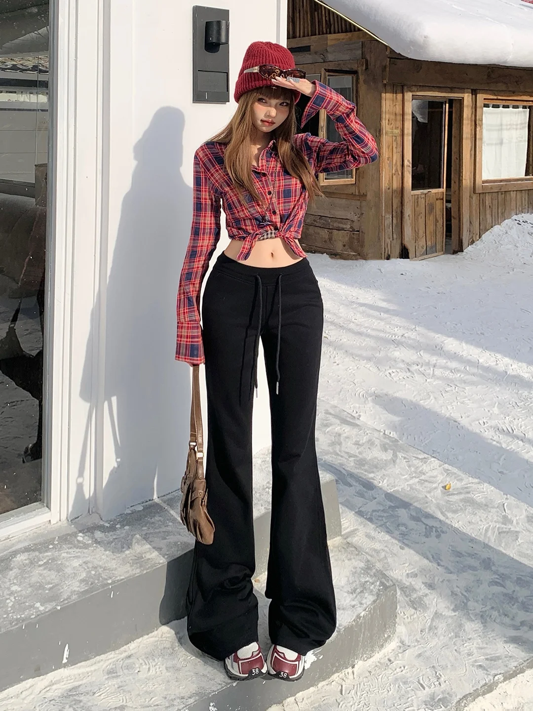 

Расклешенные брюки для йоги с низкой талией на подкладке, женские повседневные брюки для похудения, драпированные спортивные брюки для отдыха, винтажный узор, сложенная талия