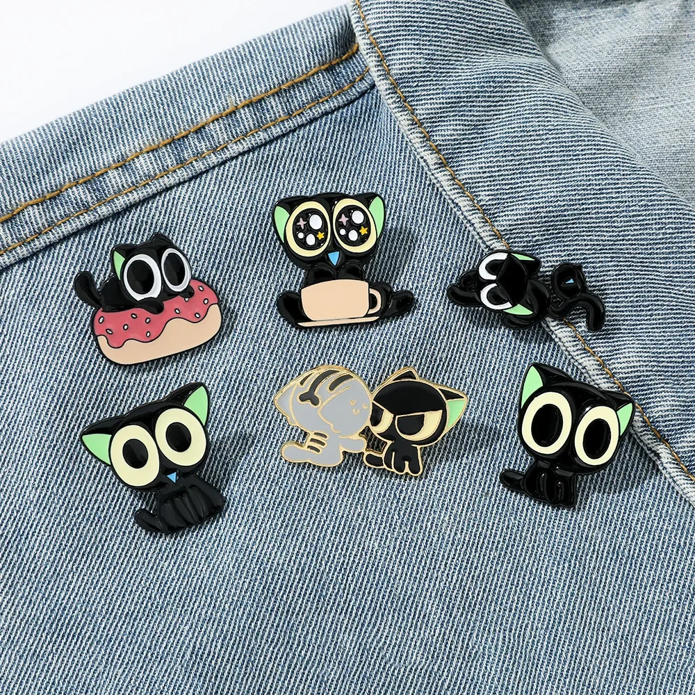 

6Pcs/Cute Cat Enamel Pins Custom Black Kitten Terrarium Brooches Lapel Badges Cartoon Animal Jewelry Gift for Kids Friends