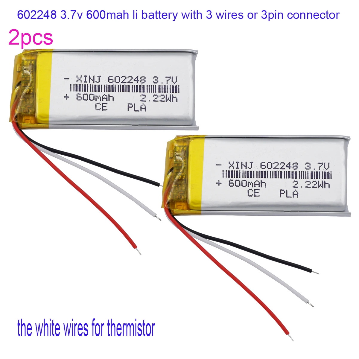 Bateria Recarregável Lipo de Substituição de Polímero, Termistor NTC, 3 Fios, 3.7V, 600mAh, 602248, JST, 3Pin, 1.0mm, 1.25mm, 1.5mm, 2.0mm, 2.54mm, PCes 2