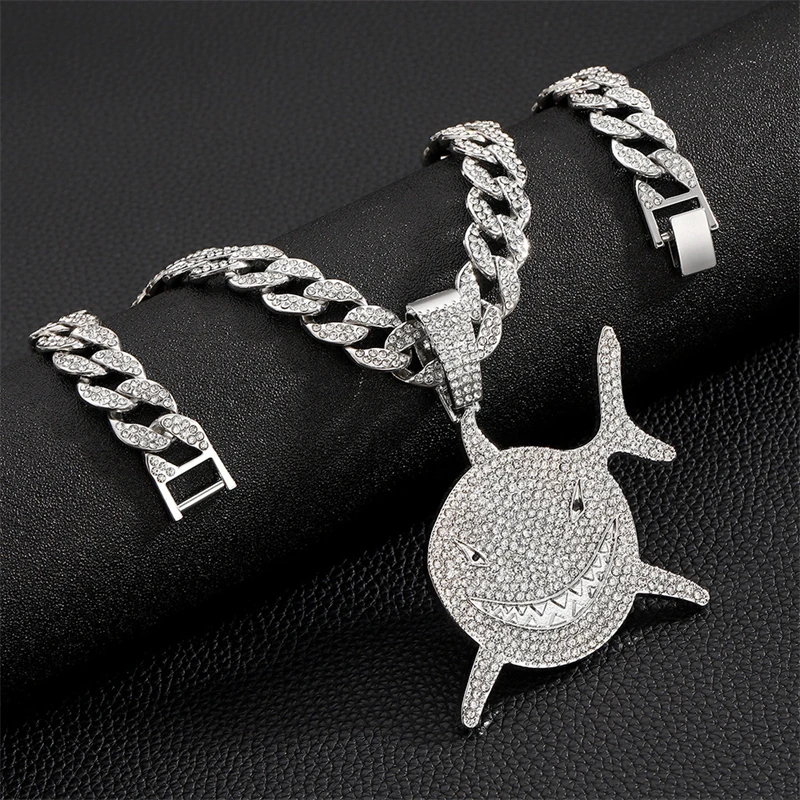 

Punk Fashion Big Size Rock Fish & Shark Full Rhinestone Pendant Cuban Chain Necklace Creative Hip Hop Jewelry for Men Women Gift