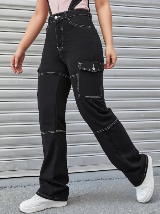 Pocket Straight Leg Jeans, Women's Black Workwear Pants, New Hot Selling Fashion Casual Pants, Suspender Pants