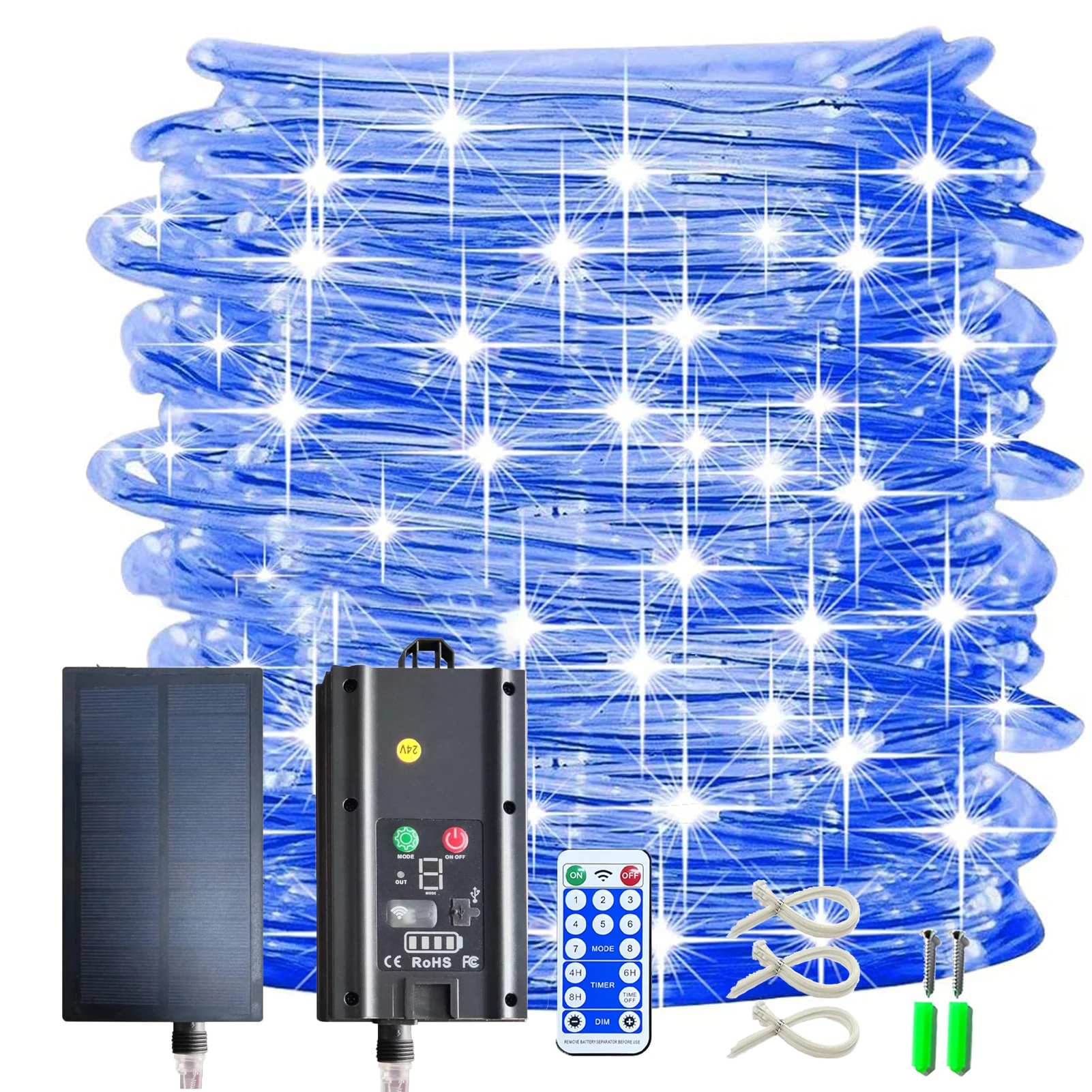 Impermeável Solar Rope Lights com painel solar, 8 modos, 200,300,600,1000,1500 LED, branco, quente, Multicolor, azul