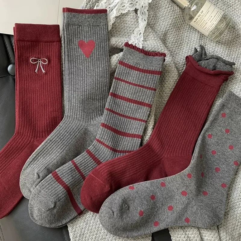 5 Pairs Fashion Versatile Women's Socks Autumn Winter Stacked Socks Bow Stripe Polka Dot Heart Pattern Mid Calf Socks Set