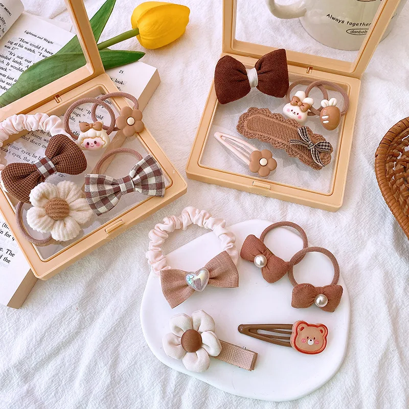 

Набор из 5 аксессуаров для волос: заколки и резинки для волос из ткани цвета молочного чая для девочек, подростков, универсальные заколки-зажимы и держатели для хвоста