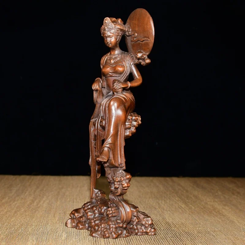 Hand Carved Boxwood Chang E Moon Goddess Figurine Vintage Wooden Oriental Beauty With Jade Rabbit Desktop Decor Craft Gift