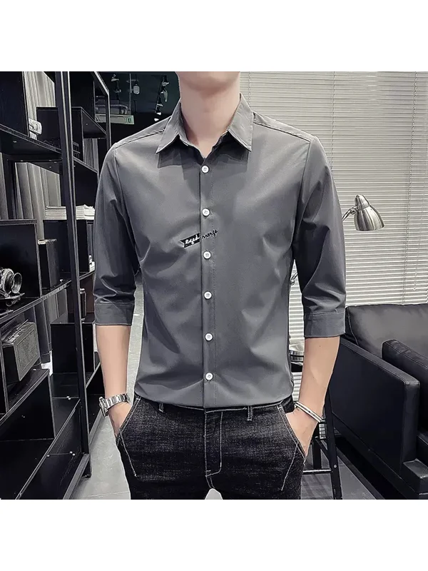

Ice Silk Thin ort Sve irt for Men Mid-Aged And ly Busin Casual CleanFit Sle Stand Version Polyester Fiber