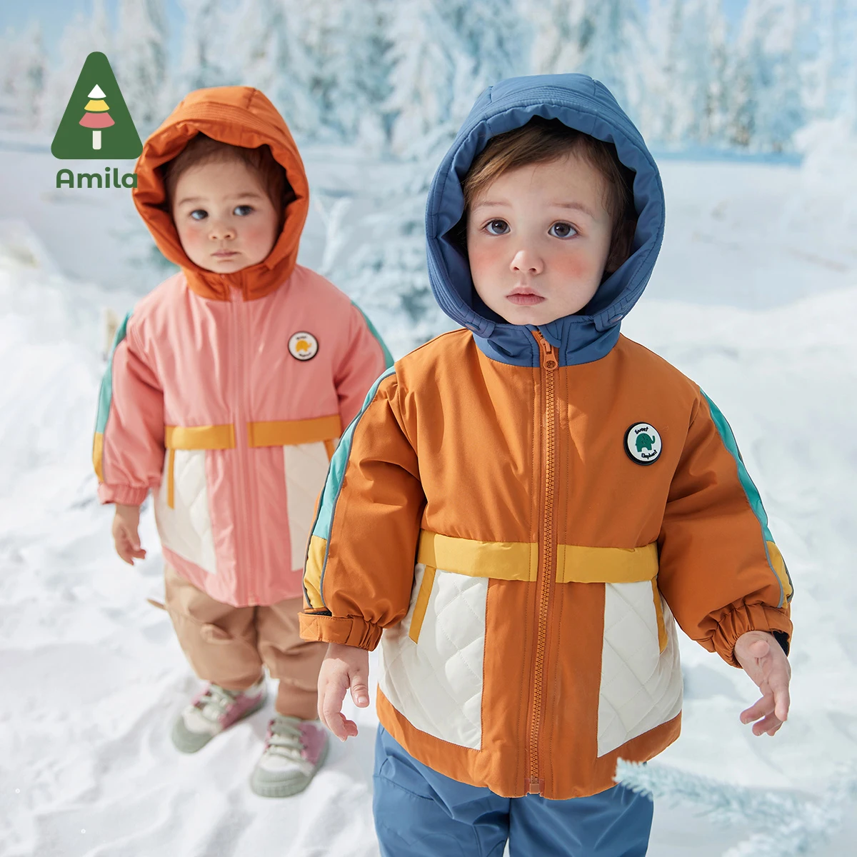 Amila Baby Down Jacket 2024 Winter New Boys Girls Fashion Patchwork Hooded Ciepły płaszcz trzy w jednym z kieszeniami Odzież dziecięca