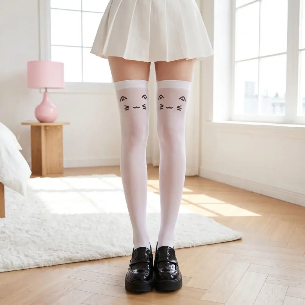 Fashion Printed Design Kawaii Stockings Cat Ear JK Lolita Knee High Socks Cute Expression Thigh High Stockings Anime Convention