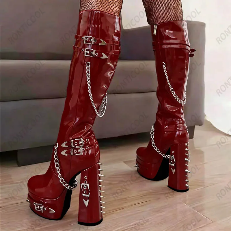 Ronticool Real Photos Women Winter Knee Boots Buckle Strap Block High Heels Round Toe Pretty Black Punk Shoes Plus US Size 5-20