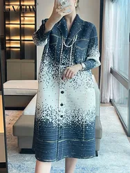 GVUW Pleated Print Dress Women Lapel Single Breasted Full Sleeve Loose Vintage Style New 2024 Elegant Lady Dresses 17G7490