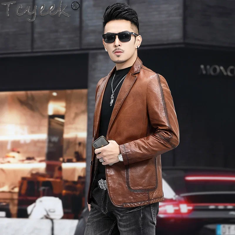 Tcyeek Genuine Leather Man Jackets Top Layer Sheepskin Leather Coat Spring Autumn Man Clothes Business Casual Suit Jacket 2024