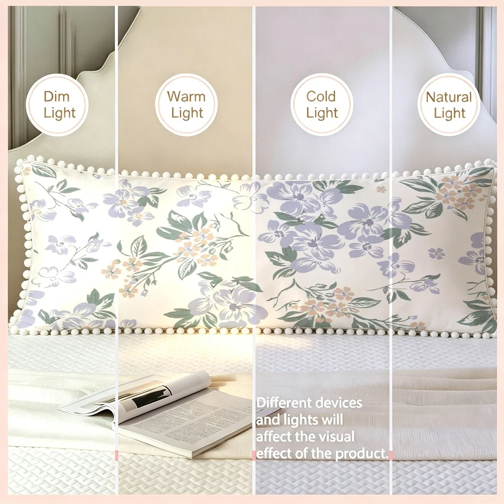 1PC Cream Background with Purple White Large Flowers and Green Leaves, Watercolor Vintage Romantic Floral Long Pillow Cover wi