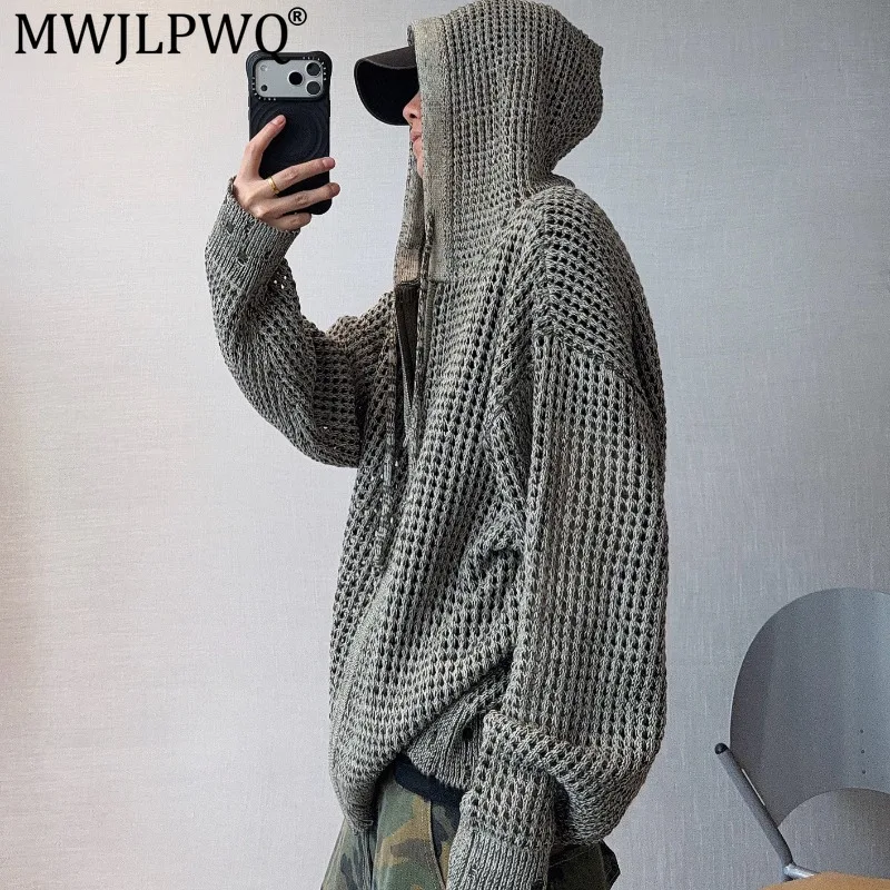 MWJLPWQ Autumn Retro Versatile Reversible Frosted Green Sweater Loose Hollow Mesh Hooded Casual Tops For Men Ins Tide 21575