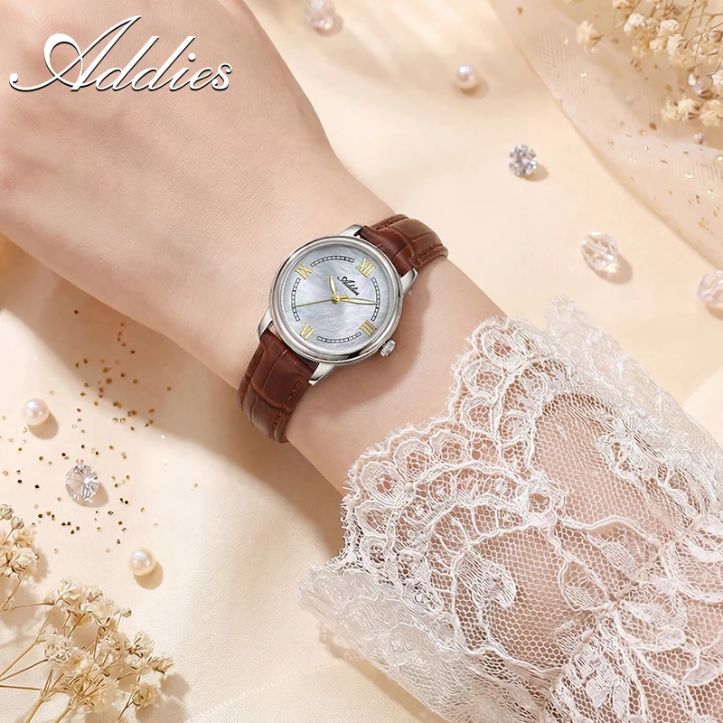 ADDIES Women's Watch 31mm Mother of Pearl Dial Sapphire Crystal Leather Strap Quartz Movement 50M Waterproof Elegant Wristwatch