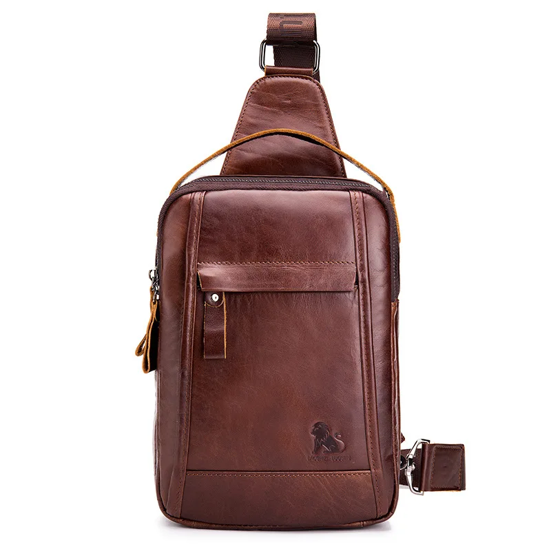 Cowhide Men‘’s Chest Bag Retro Wax Genuineleather Casual Chest Bag Large Capacity Vertical Shoulder Crossbody Bag