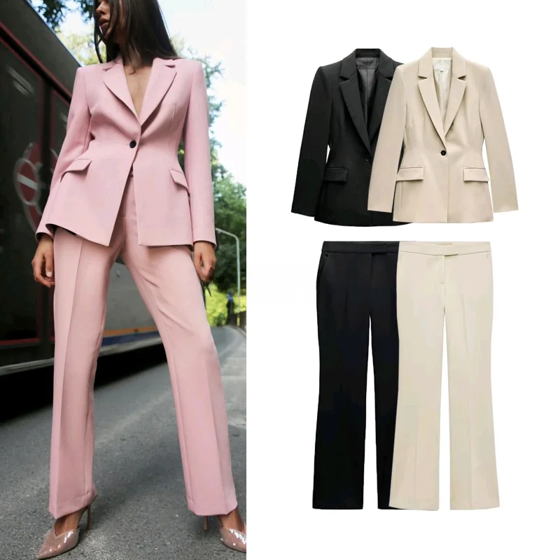 

Весенний новый женский костюм: брюки-клеш с высокой талией и элегантный приталенный пиджак с отложным воротником, комплект из двух предметов для работы