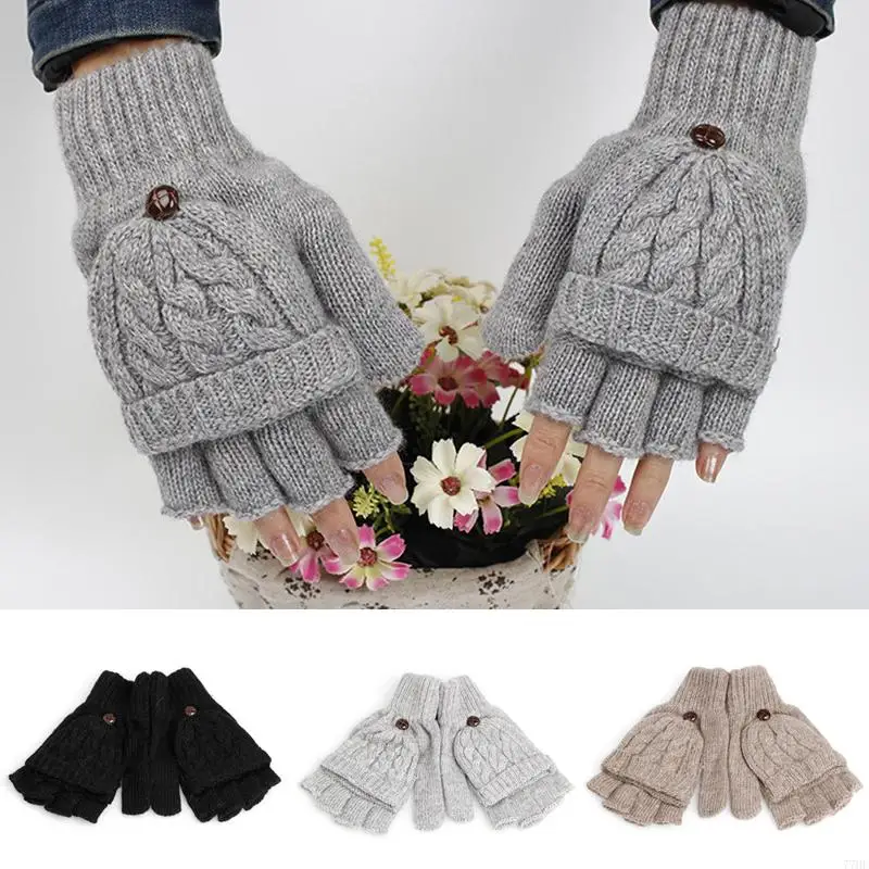 77HE Winter Men's Jacquard Fingerless Flap Wool Knit Gloves Sports Fitness Elastic for Touch screen Thicken Black Gray Coffee