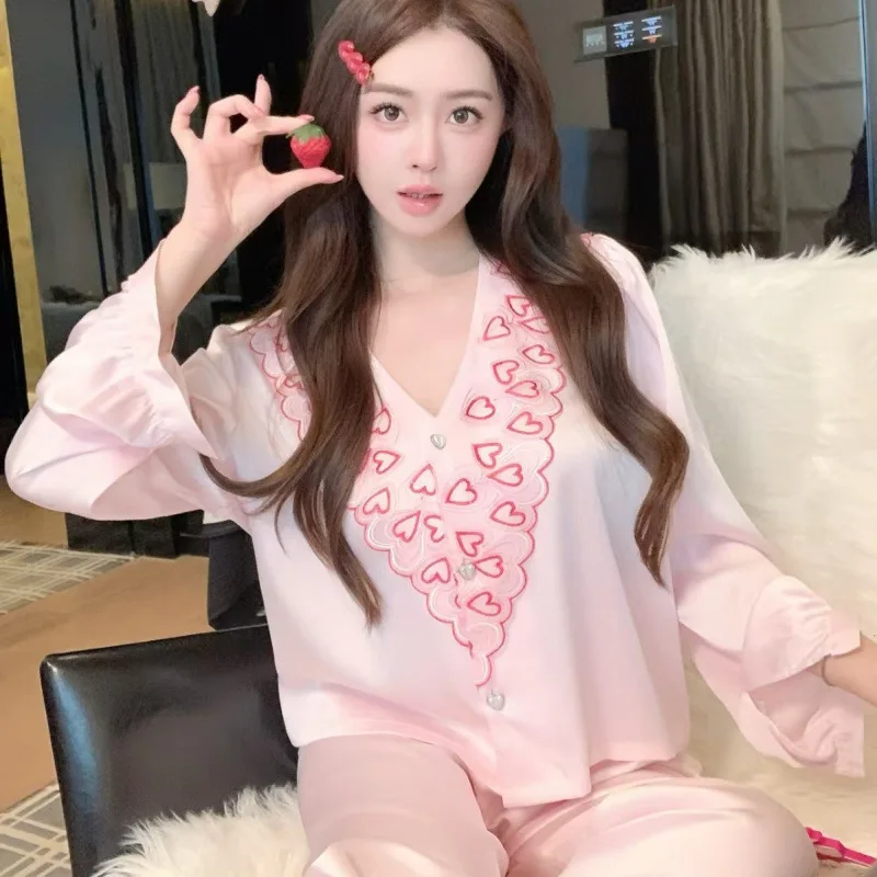 

2025 Autumn Winter Women Pajamas V-neck Long Sleeve Pants Two-piece Set Sexy Pink Ice Silk High-end Luxury Homewear Sleepwear