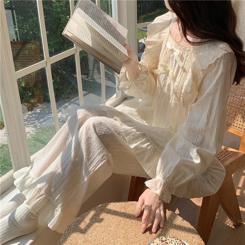 Lace Cotton Pink Cute Summer Long Sleeve Pajama Set Women Girlish Style Princess Sleepwear Solid Elegant Casual Simple Sleep Top