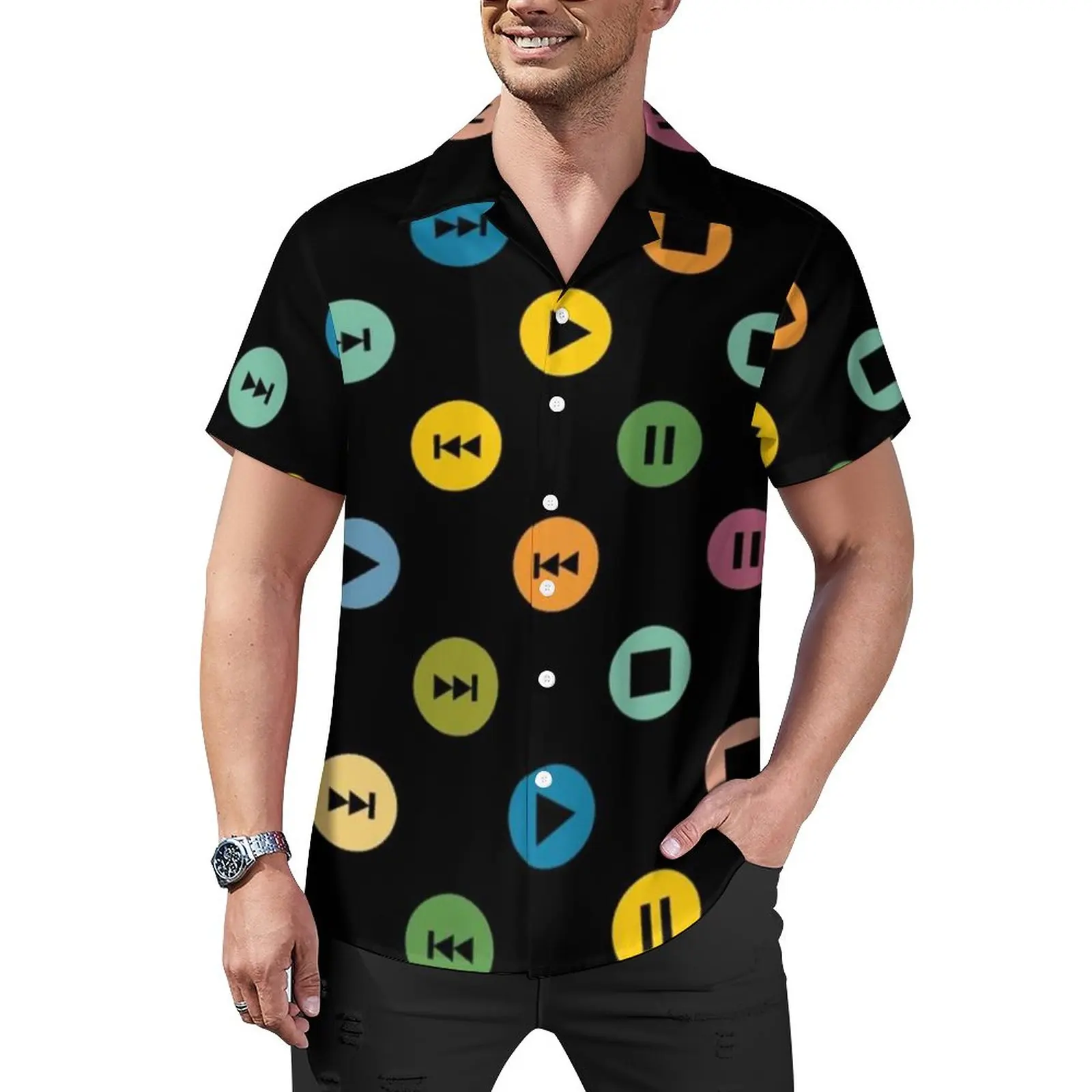 

Music Player Icons Casual Shirt Polka Dots Print Vacation Loose Shirt Hawaii Retro Blouses Short Sleeves Design Oversized Top