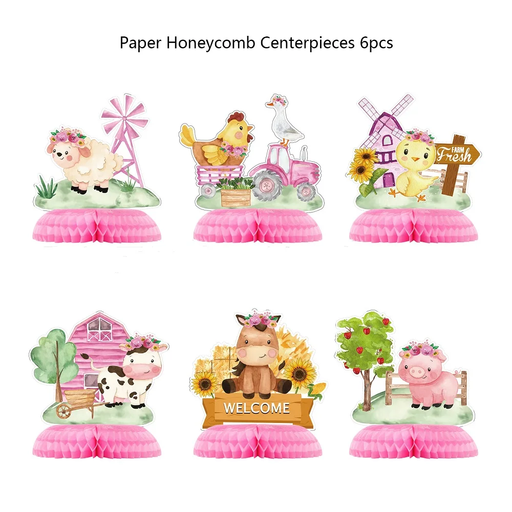 6pcs Farm Animals Honeycomb Centerpieces Farm Themed Cake Balls Table Toppers Barn Party Supplies 3D Table Decorations