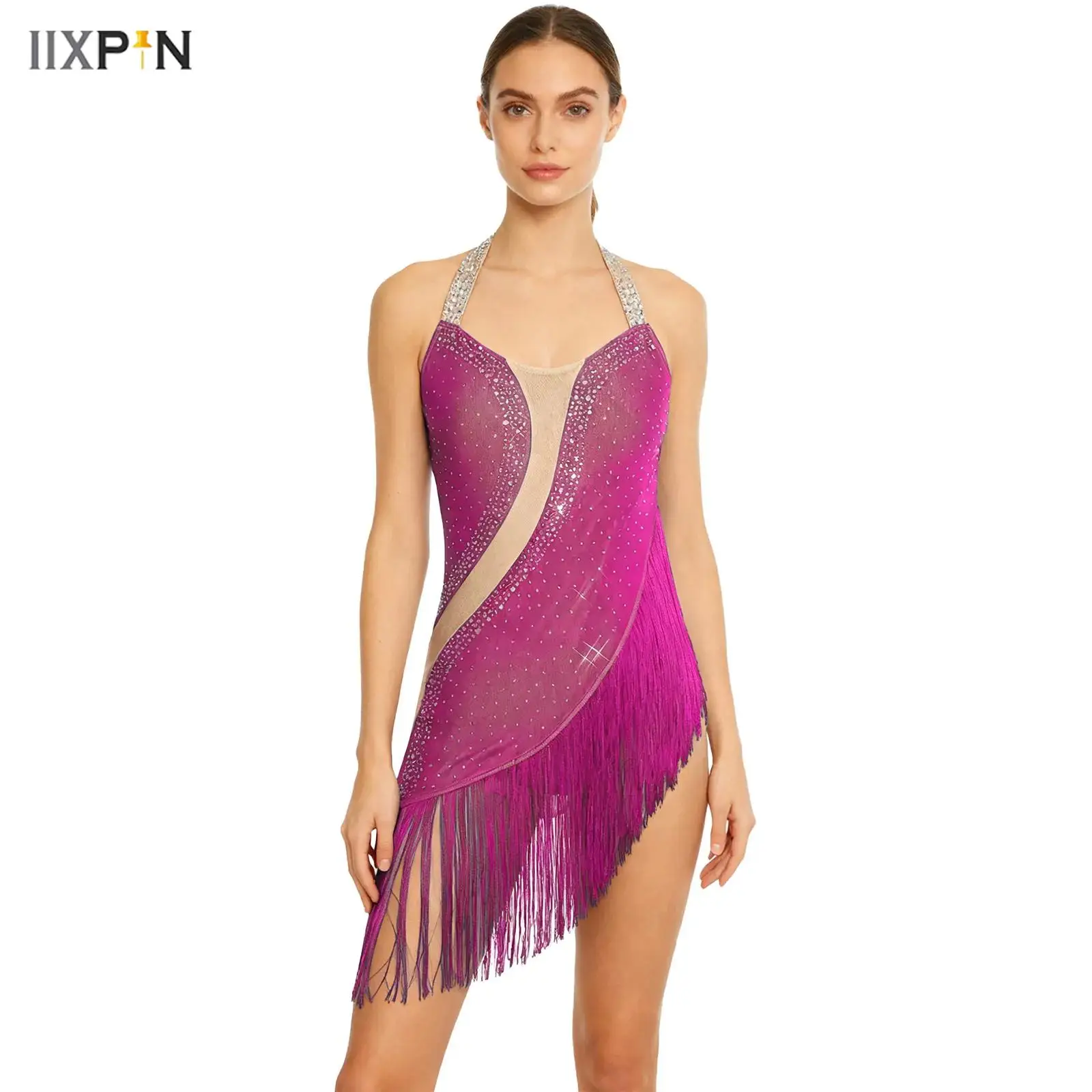 

Womens Latin Dance Dress Rhinestone Tassel Halter Backless Irregular Hem Skirted Leotard Bodysuit Tango Cha-cha Dance Costume