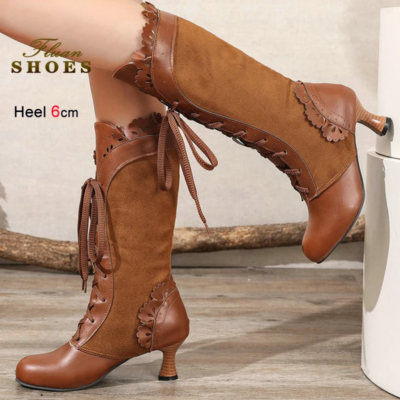 الرجعية الشتاء البني المرأة فارس الأحذية الركبة الجبهة الدانتيل يصل منتصف العجل الأحذية جولة تو كشكش تقليم لوليتا منتصف طول الأحذية حجم 46